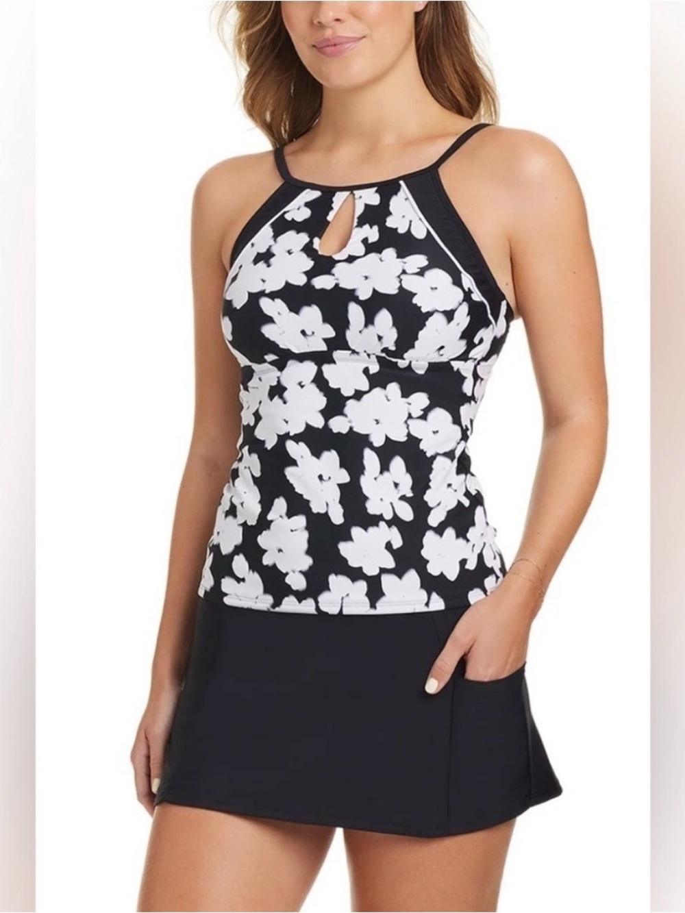 Ellen Tracy Women’s Black & White Floral Tankini Top w Black Swim Skirt Size M